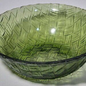 Vintage Medium Green Carnival Glass Basket Weave Serving Bowl